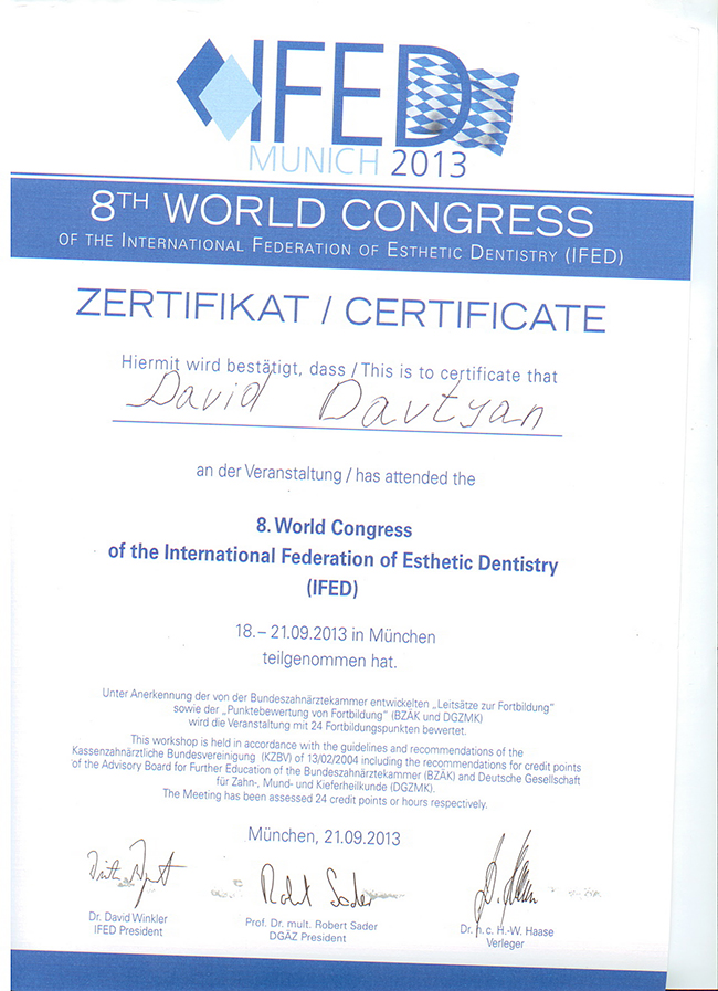 Давтян Давид Арменович принял участие в Мюнхене с 18 по 21 сентября 2013 г. в 8-м Международном Конгрессе Международной Федерации Эстетической Стоматологии
